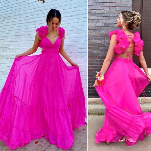 Mac Duggal Indy 6711 Gown 8 Hot Pink Ruffle Corset Back Evening Dress Formal - Picture 10 of 12